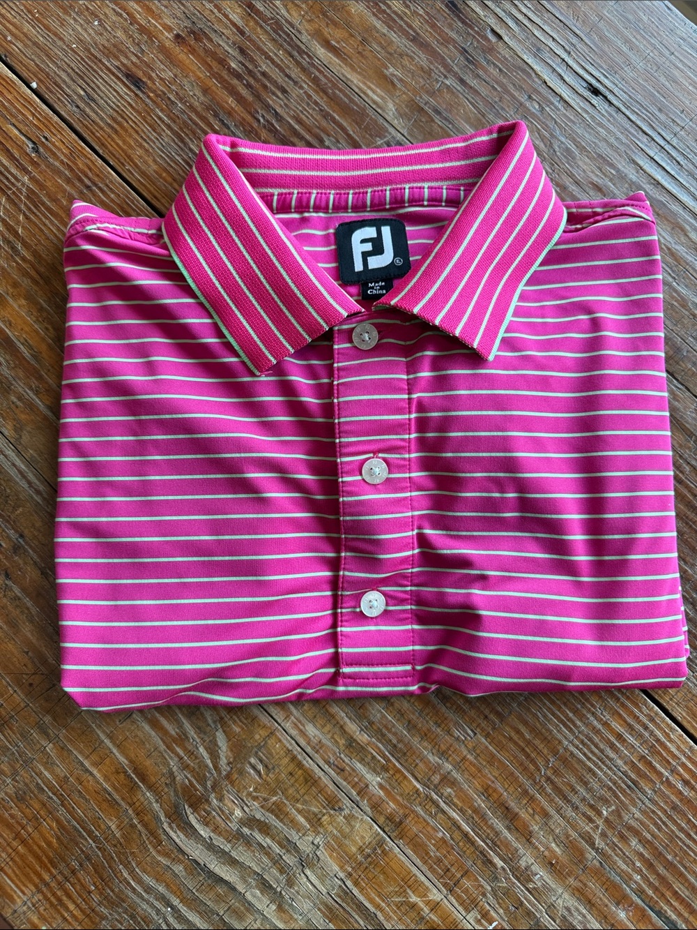 FootJoy Pink Lime Green Stripe Short Sleeve Golf Polo Shirt Size XL